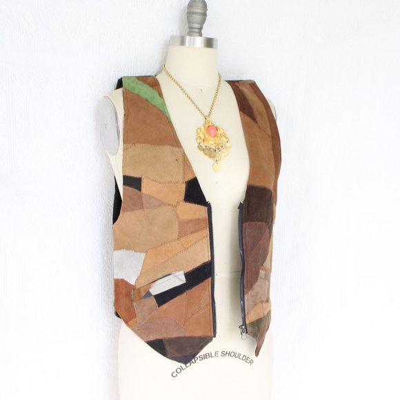 Vintage 60's Leather vest tunic Patchwork fish scale hippie western Free People - Picture 2 of 11